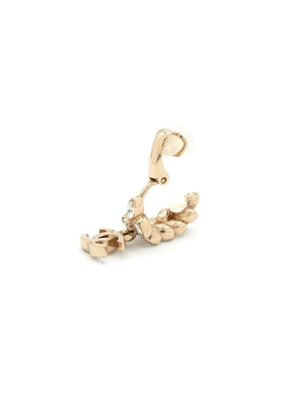 Chanel Earrings Gold CC Logo Rhinestone Leaf Motif